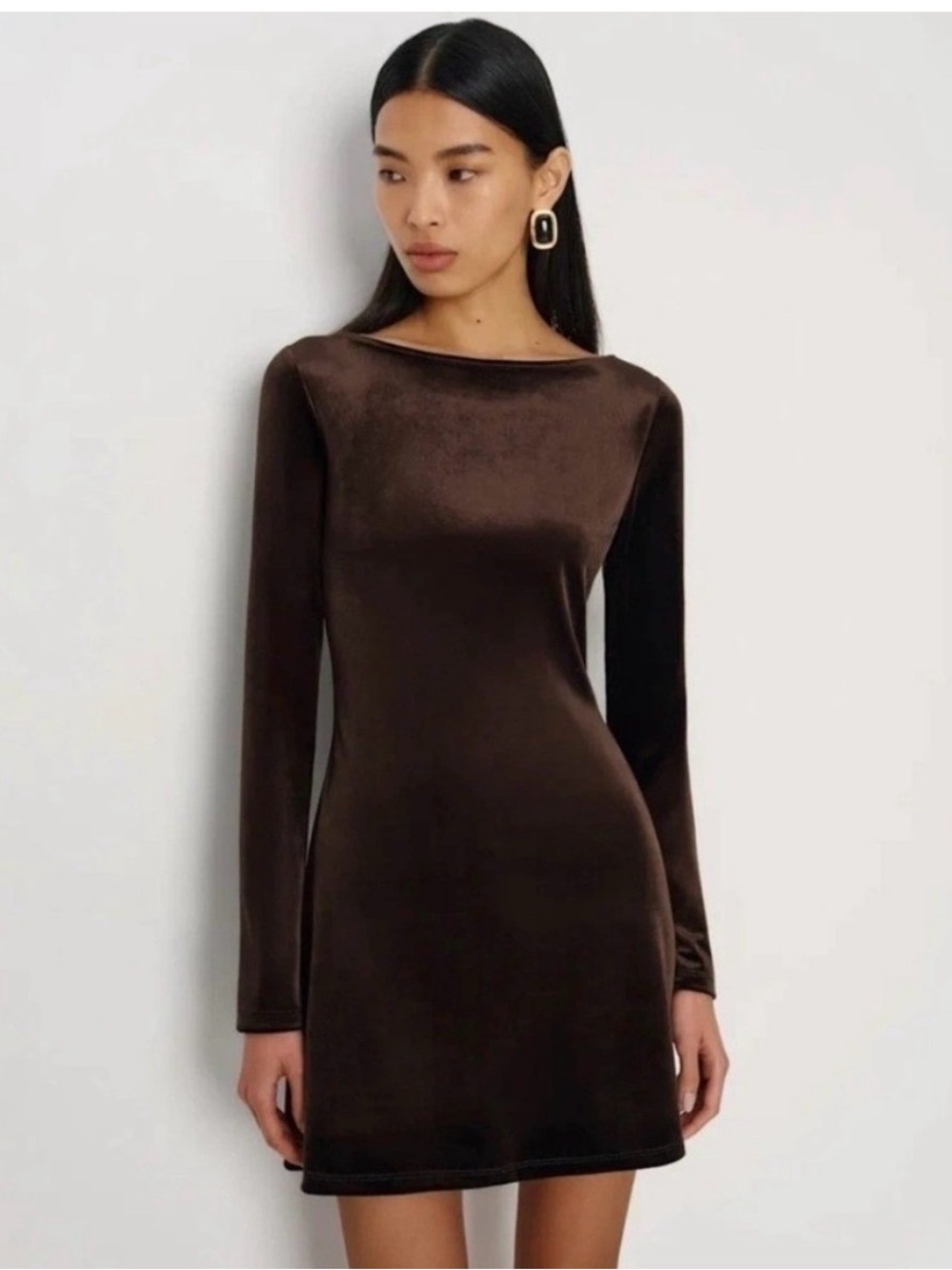 Reformation Chocolate Brown Velvet Long-Sleeve Mini Dress